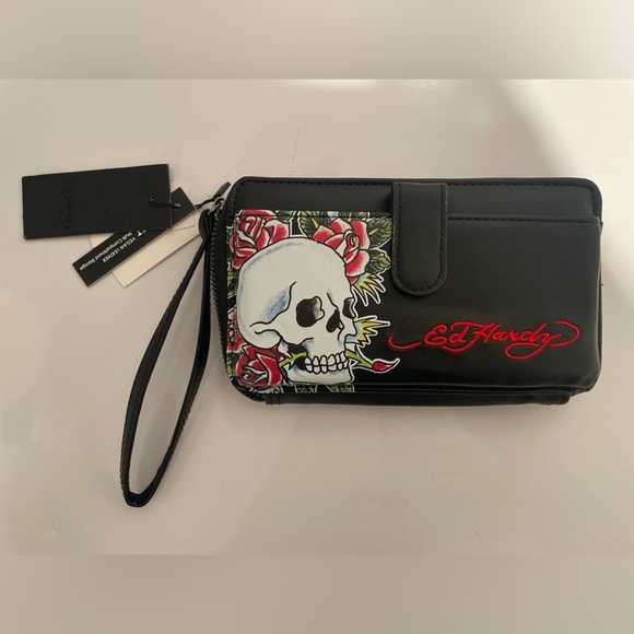 Ed Hardy Handbags - Ed Hardy Black Wristlet with Skull and Floral Design